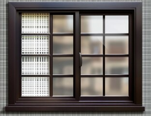 Dark-framed window with divided panes and frosted glass