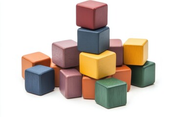Obraz premium Colorful Wooden Blocks Stacked on White Background Close Up Studio Shot Educational Toy Learning Concept