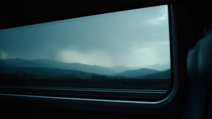 Wide Interior Train View Framing Thunderstorm Over Distant Mountain Landscape