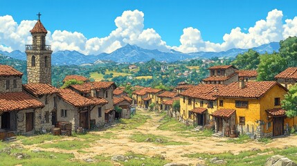 Obraz premium Sun-Drenched Rustic Village Street Leading Towards Distant Blue Mountains