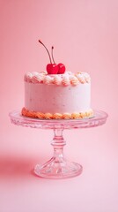 Delicious cake with cherry topping presented on a glass stand against pink background