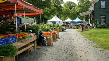 A vibrant farmers' market with fresh vegetables and handmade items on display digital