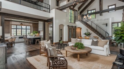 A spacious living room with hardwood floors, a large white sofa, and a coffee table in the center
