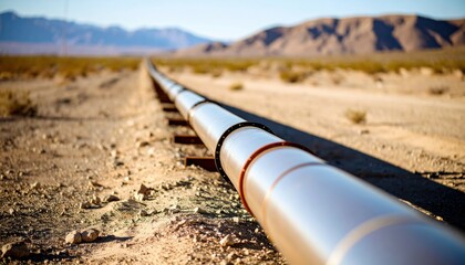 Long metal pipeline stretches across arid desert landscape under bright sun