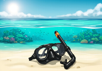 Snorkeling Gear on Tropical Beach with Coral Reefs