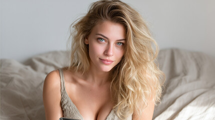 A young woman with wavy blonde hair sits on a bed, looking confidently at the camera in natural light.