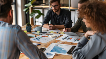 Group of professionals analyzing charts and graphs in a modern office environment together at a table