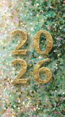 Sparkling glitter design featuring the years 2026 and 2026 in gold against a colorful background for celebrations or events