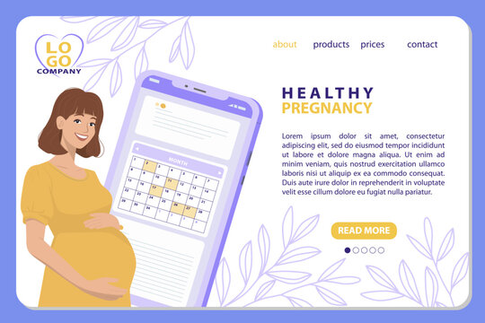 Medical appointment during pregnancy via app. Pregnant woman book an appointment with calendar. Landing page template. Cute flat style vector illustration