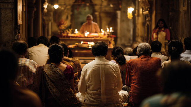 Hindu devotees in the celebration of Vyas Purnima are listening attentively to the reading of the holy book, Ai generated images