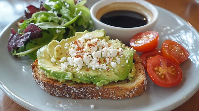 Avocado Toast with Feta Cheese, Salad, and Cherry Tomatoes
