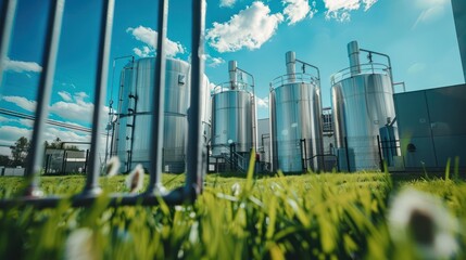 Metal tanks in a factory setting against a blue sky