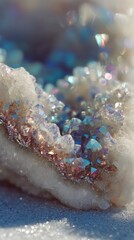 Colorful crystal cluster glistens under natural light captured in a close-up setting