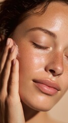 Young woman applying skincare product to her face for a radiant complexion during morning routine