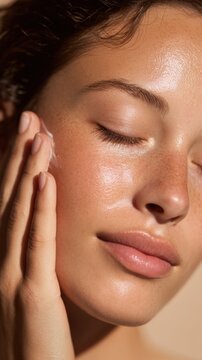 Young woman applying skincare product to her face for a radiant complexion during morning routine