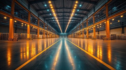 Fototapeta premium Industrial Warehouse Interior: A Symphony of Light and Steel
