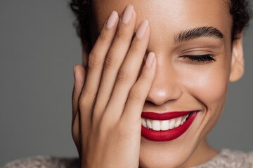 Smiling Woman Covers One Eye with Hand