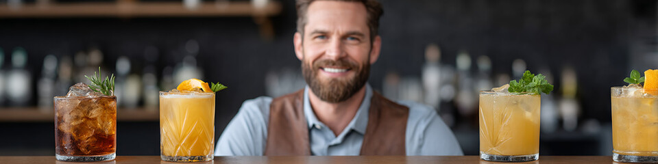 Fototapeta premium A bartender stands behind a bar, smiling, with a variety of colorful cocktails displayed in front of him.