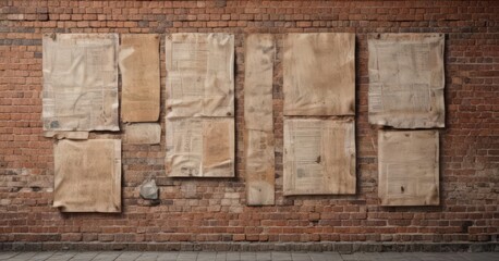 Fototapeta premium Weathered paper posters, various sizes & orientations, glued to rustic brick wall , rustic, brick