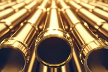 Naklejka premium Golden Pipes Abstract Close Up View of Cylindrical Metallic Structures with Gleaming Surface and Dark Interior