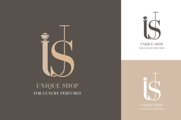 Elegant luxury perfume logo with stylized initials U and S forming a perfume bottle design in beige and brown color scheme  © Halim