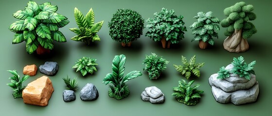 Assorted stylized plants and rocks