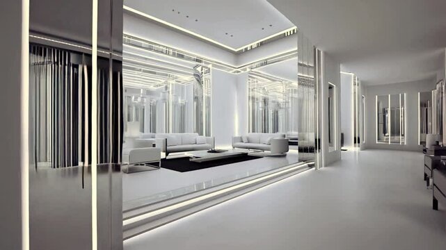 This spacious living room features sleek furniture arranged around a central rug, illuminated by warm LED lights. The walls and mirrors enhance the modern design and reflect the contemporary decor.
