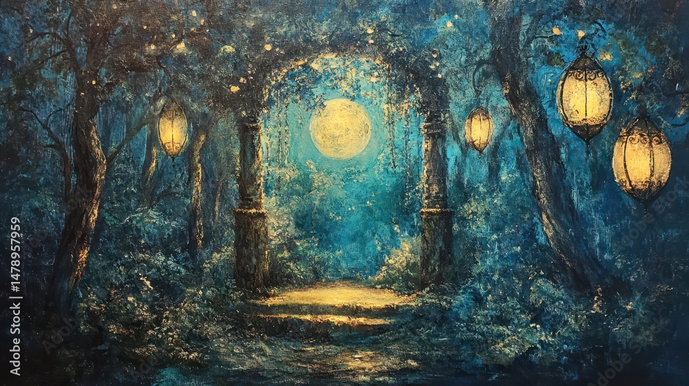 Poster enchanting moonlit forest path with stone pillars and hanging lanterns.