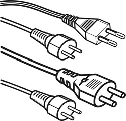 Isolated white vector illustration of a black bomb, an electric plug with a cable, and a metal needle syringe