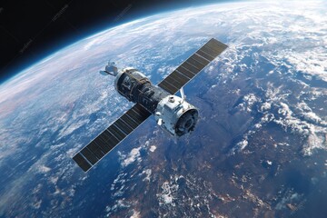 Satellite orbiting Earth with solar panels extended.
