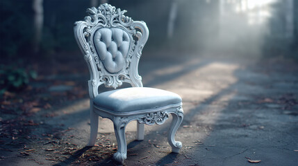 Ornate vintage chair with tufted upholstery sits alone on a misty outdoor path, bathed in soft morning light.
