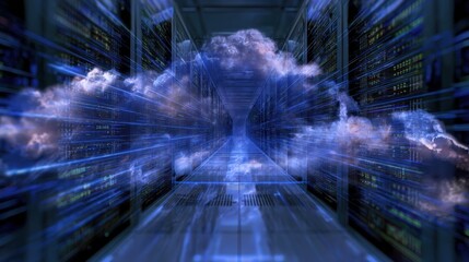 Fototapeta premium Digital cloud among server racks in a data center.