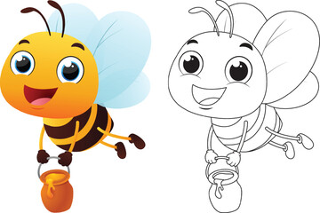 Cute bee cartoon characters, Kids coloring page hand drawn