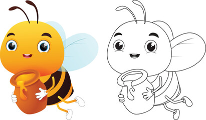 Cute bee cartoon characters, Kids coloring page hand drawn