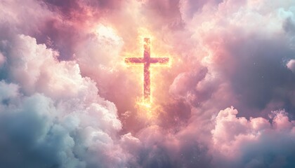 Fototapeta premium Flaming cross sign amid vibrant clouds.