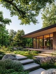 Fototapeta premium Minimalist house with flat roof glass windows and sleek lines in nature