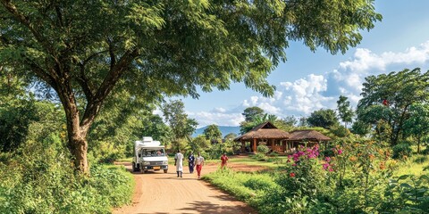 A mobile health unit providing medical services in rural areas, with healthcare professionals serving patients.