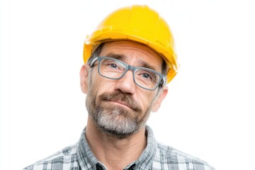 Construction Worker in Hard Hat and Glasses Looks Doubtful