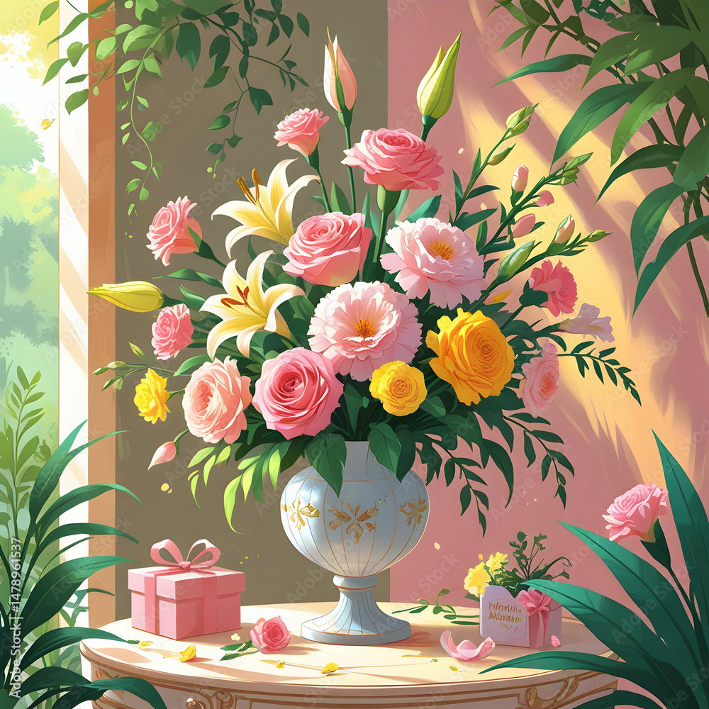 Fototapete an artistic layout with multicolored carnations scattered around a 