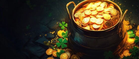 Overflowing Pot of Gold Coins and Clovers for St Patricks Day Celebration Still Life Close Up Fantasy