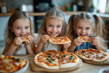 Children are eating italian homemade pizza. Cute kids are having fun while enjoying delicious food in cozy home kitchen. Three girls at family dinner table. Lifestyle, authentic