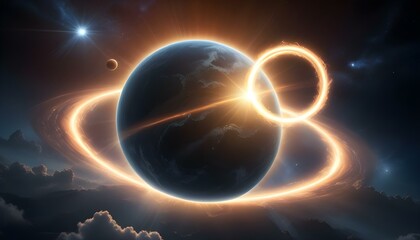 Obraz premium A vibrant planet with glowing energy rings creates a spectacular cosmic scene in deep space.