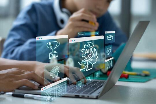 AI artificial intelligence, STEM. Teenage students engage in hands-on STEM education, building robots and learn to use artificial intelligence through coding and programming.STEM education concept.