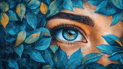 Vibrant woman's blue eye is set against a backdrop of autumn leaves in shades of orange and yellow, creating a striking contrast between nature and humanity.