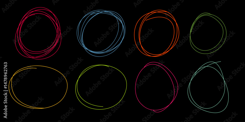 Poster hand drawn colorful scribble line circles. doodle circular for message note mark design element. vec