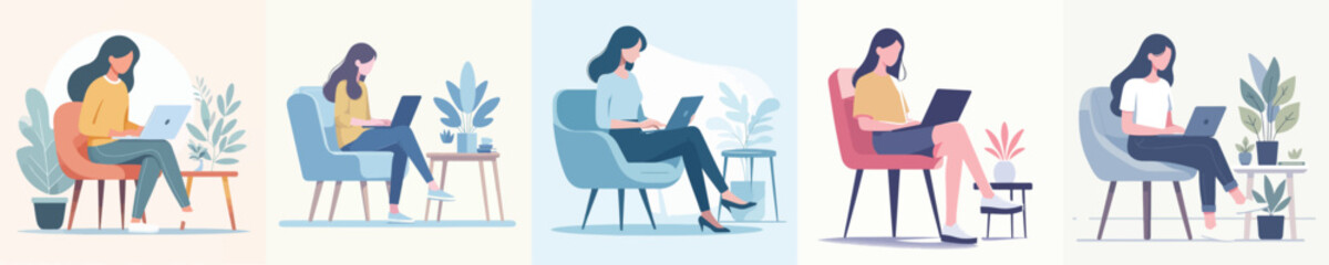Vector of a woman working on a laptop