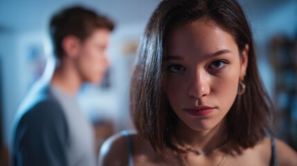 Fototapeta premium Young woman facing camera, man in background.