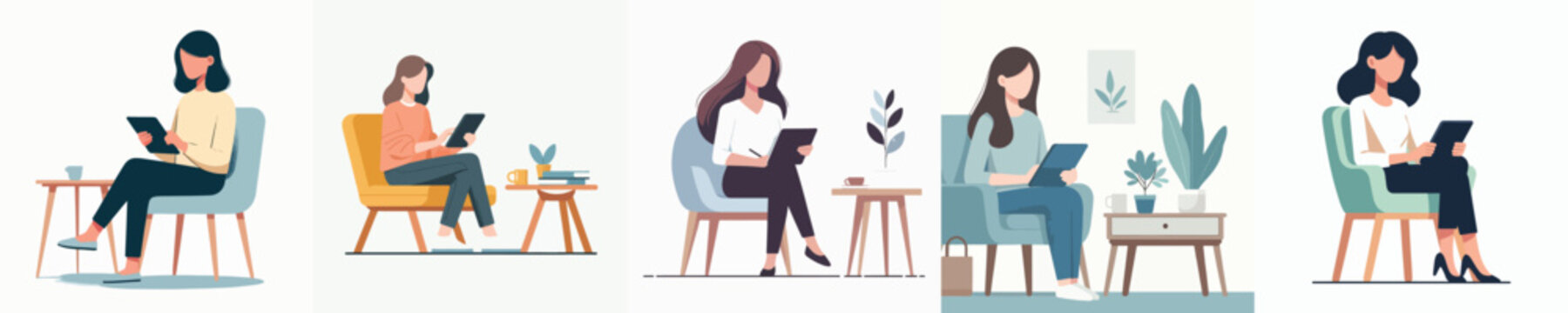 Vector of a woman sitting on a chair holding a tablet