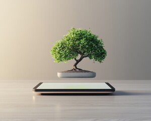 A small tree is floating above a tablet