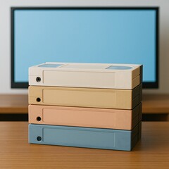 VHS tape mockup stack in pastel colors on desk with screen background